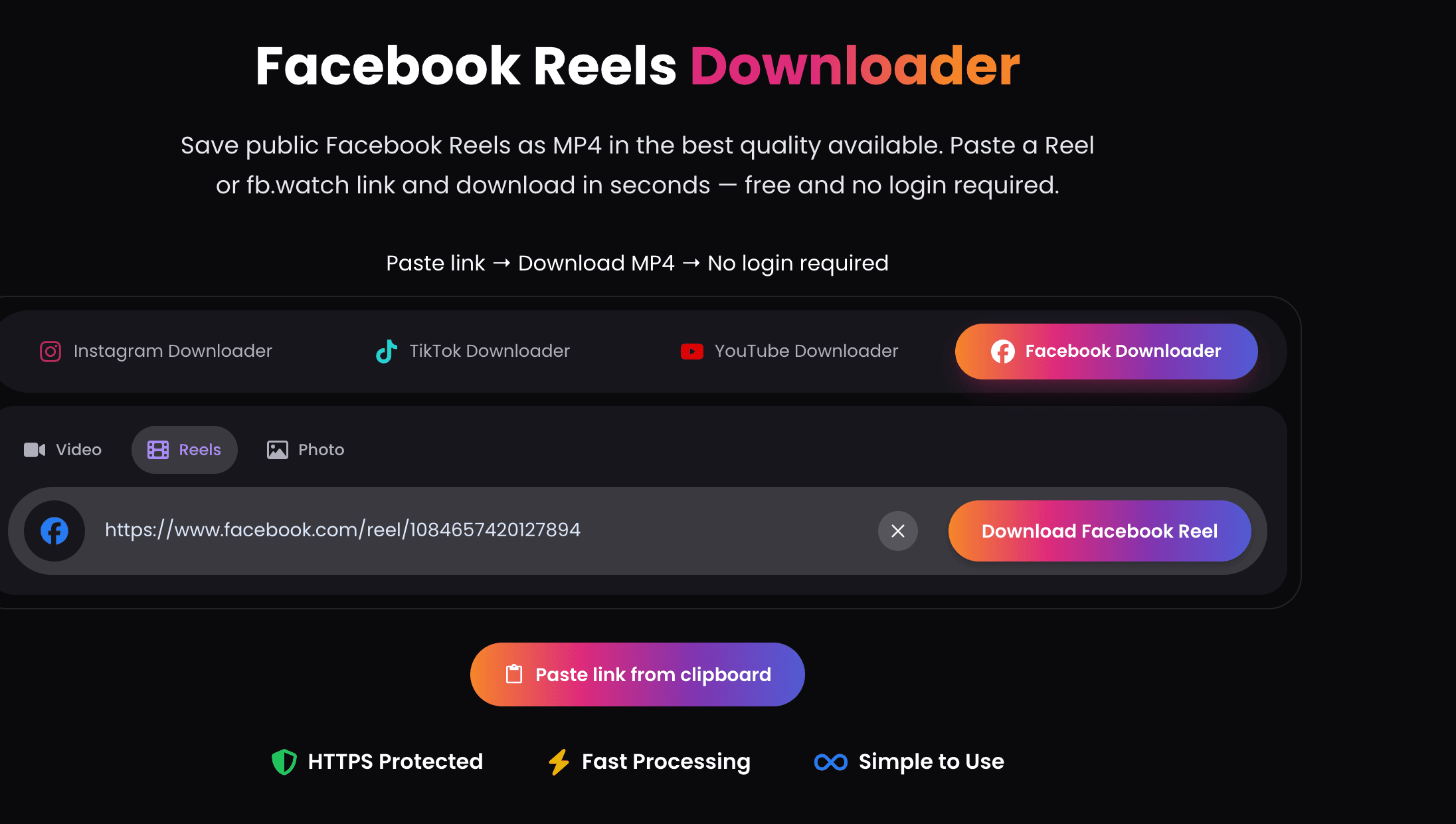 The ClipsSaver Facebook Reels Downloader with a public Facebook Reel link pasted in the search box, the Reels tab selected and the Download Facebook Reel button beside it