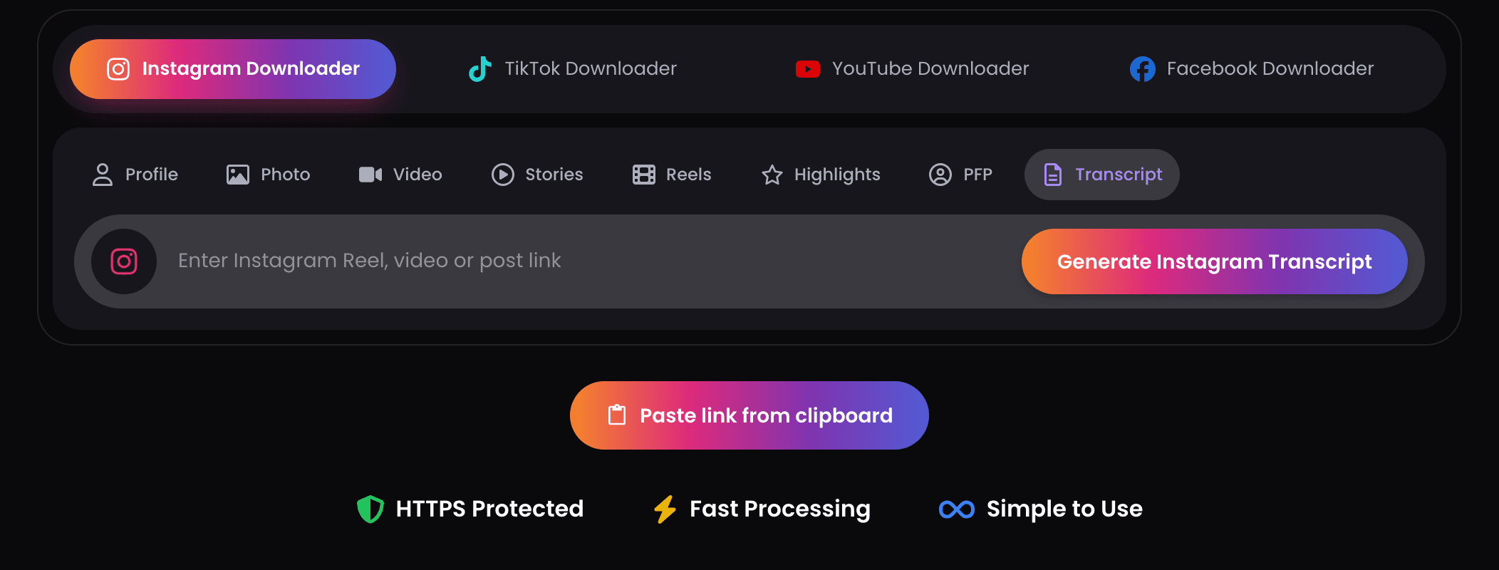 The ClipsSaver Instagram Transcript Generator with the Instagram tab and Transcript option selected, an empty box reading 'Enter Instagram Reel, video or post link', and a Generate Instagram Transcript button.
